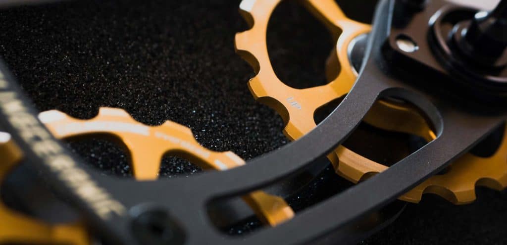 Close up on the lower part of an oversized derailleur cage