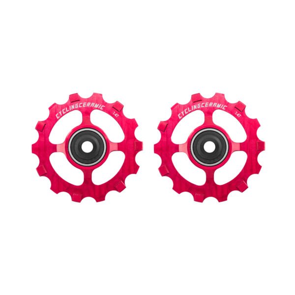 SRAM XPLR 12-speed derailleur pulleys in striking red. Designed for gravel and adventure riding, these pulleys ensure precise shifting and enhanced performance on varied terrains.