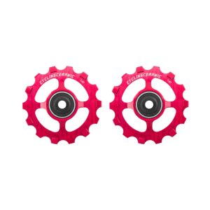 SRAM XPLR 12-speed derailleur pulleys in striking red. Designed for gravel and adventure riding, these pulleys ensure precise shifting and enhanced performance on varied terrains.