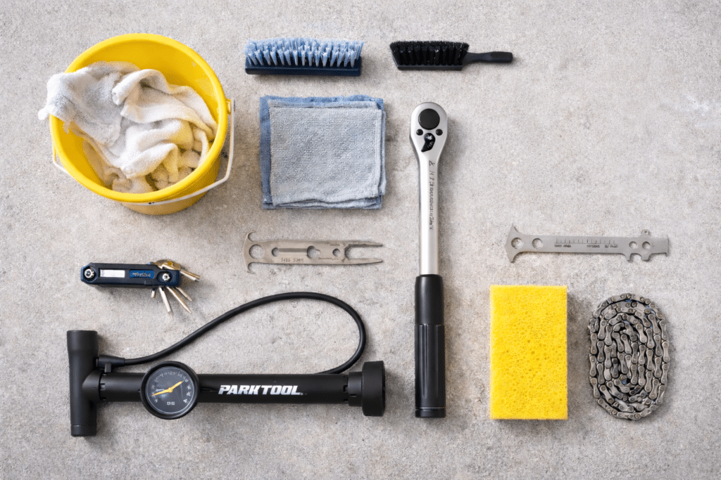 Flatlay of bike mechanic material