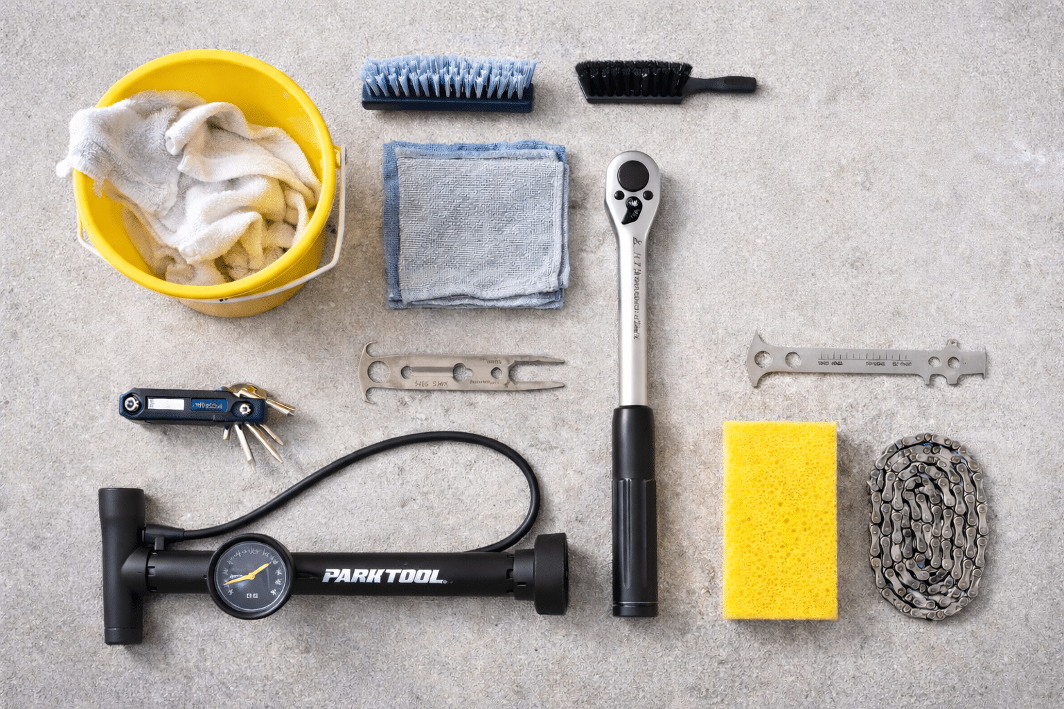 Flatlay of bike mechanic material