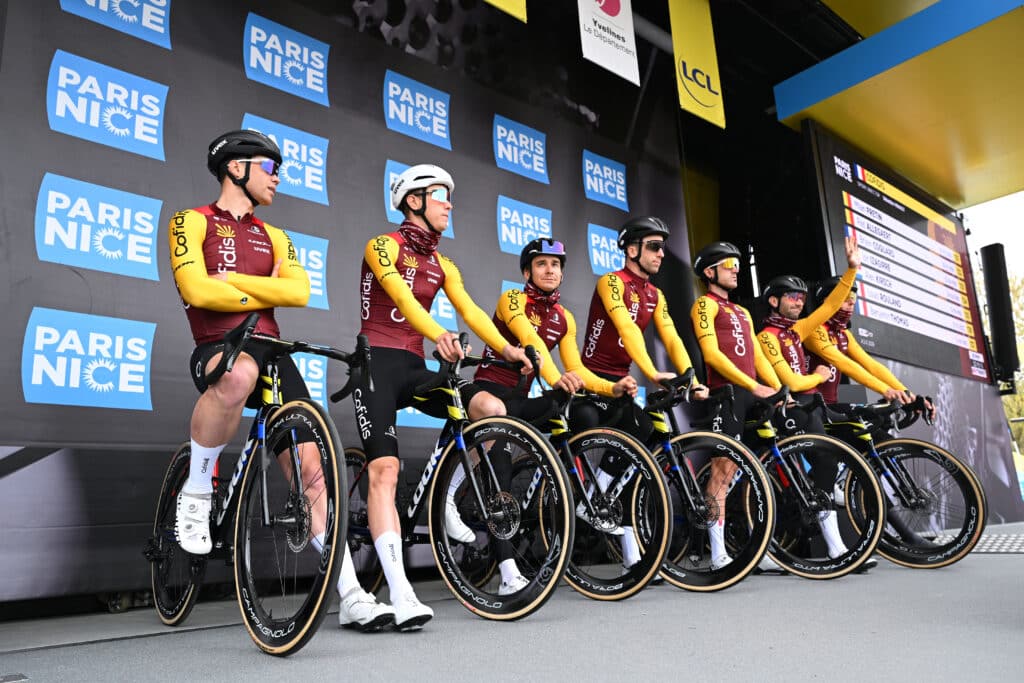 Part of Men Cofidis Team at start of 2026 Paris-Nice Race